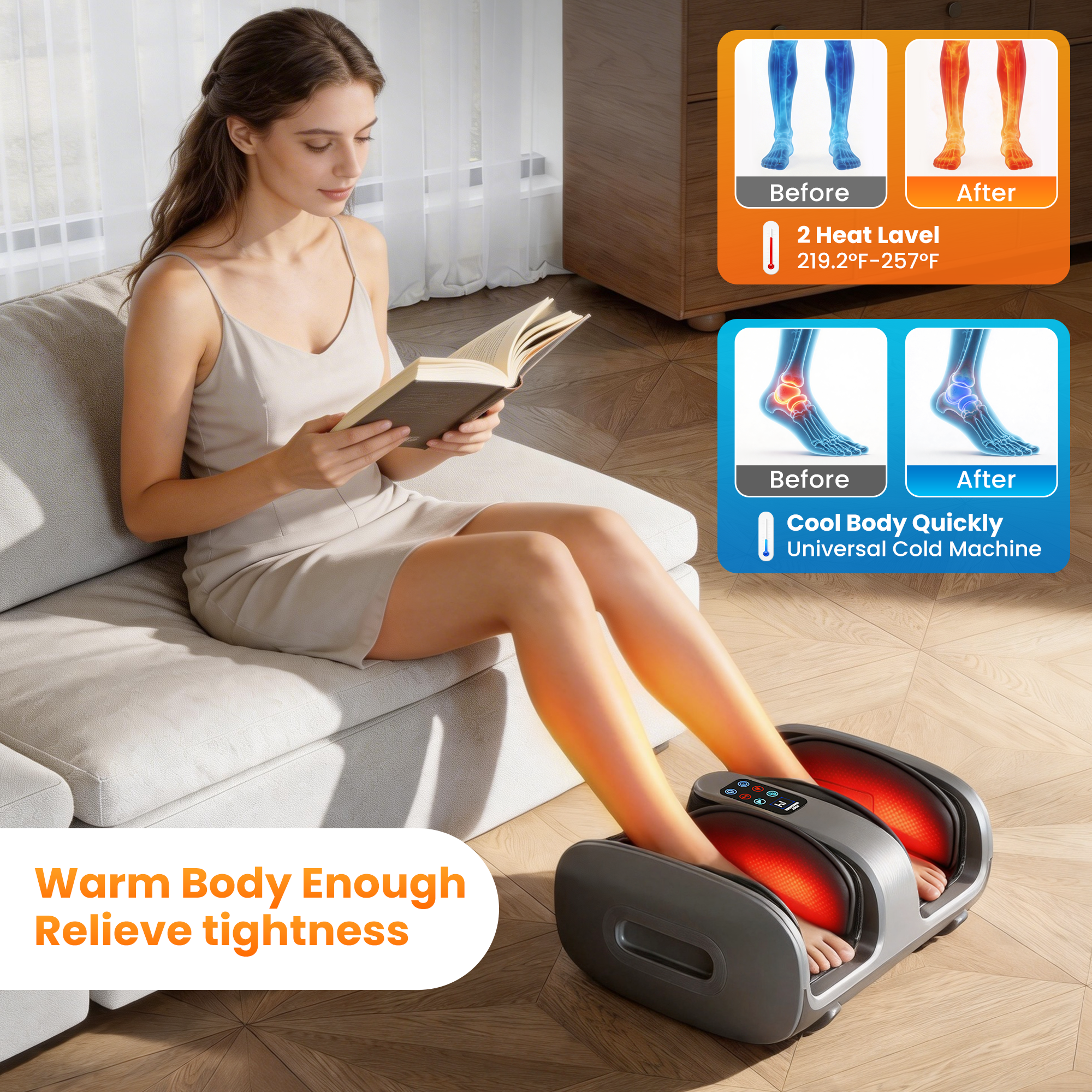Foot Massager Machine with Heat & Cooling, Deep Tissue Kneading Vibration Foot and Calf Massager w/ Adjustable Modes, Timer & Auto Shut-Off, Washable Liners, Large Size Home Office Gift for Men Women