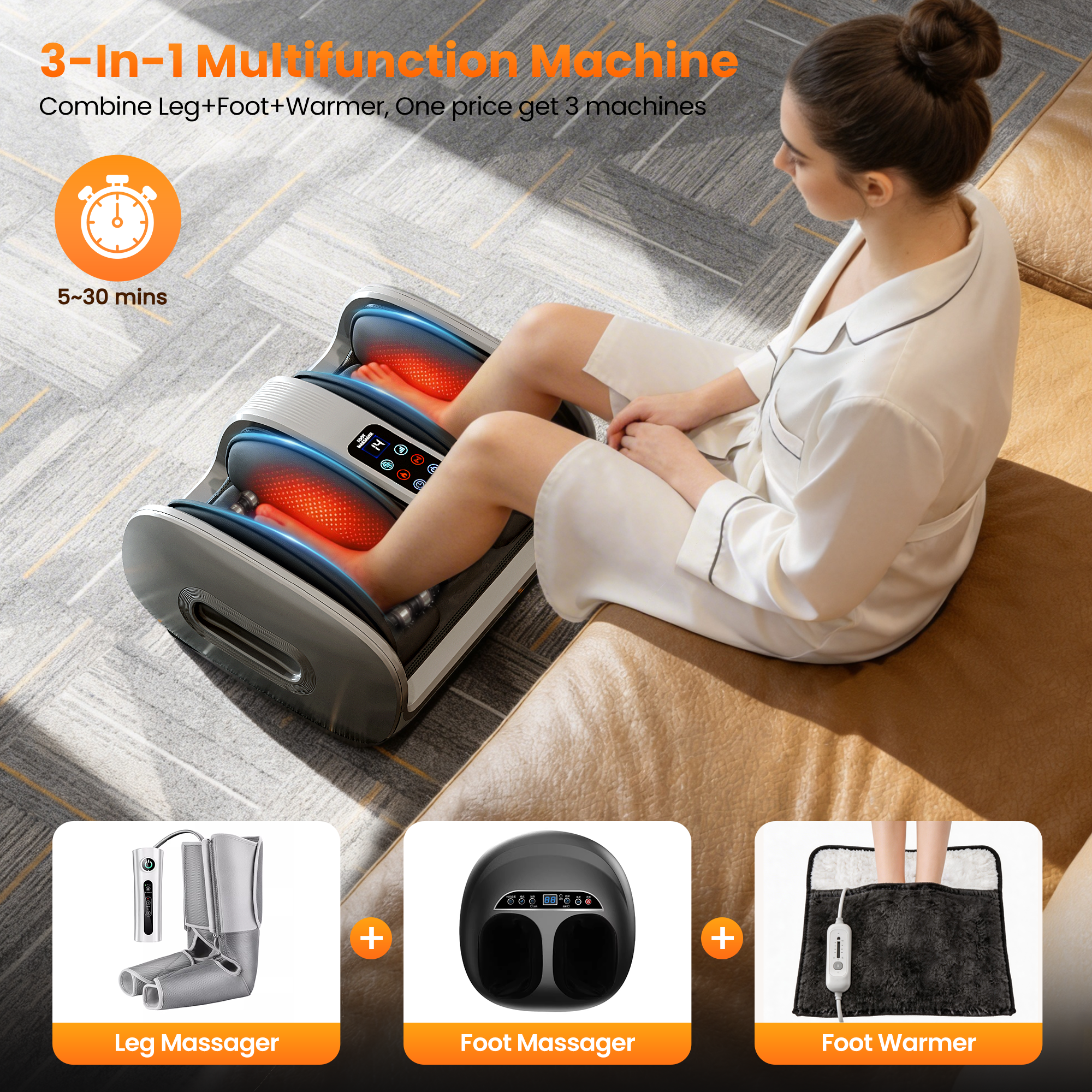 Foot Massager Machine with Heat & Cooling, Deep Tissue Kneading Vibration Foot and Calf Massager w/ Adjustable Modes, Timer & Auto Shut-Off, Washable Liners, Large Size Home Office Gift for Men Women